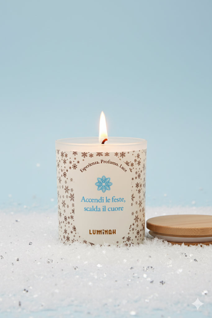 Candela artigianale Luminah Cime Innevate accesa, in vetro satinato bianco, su sfondo azzurro con neve decorativa e coperchio in bamboo.