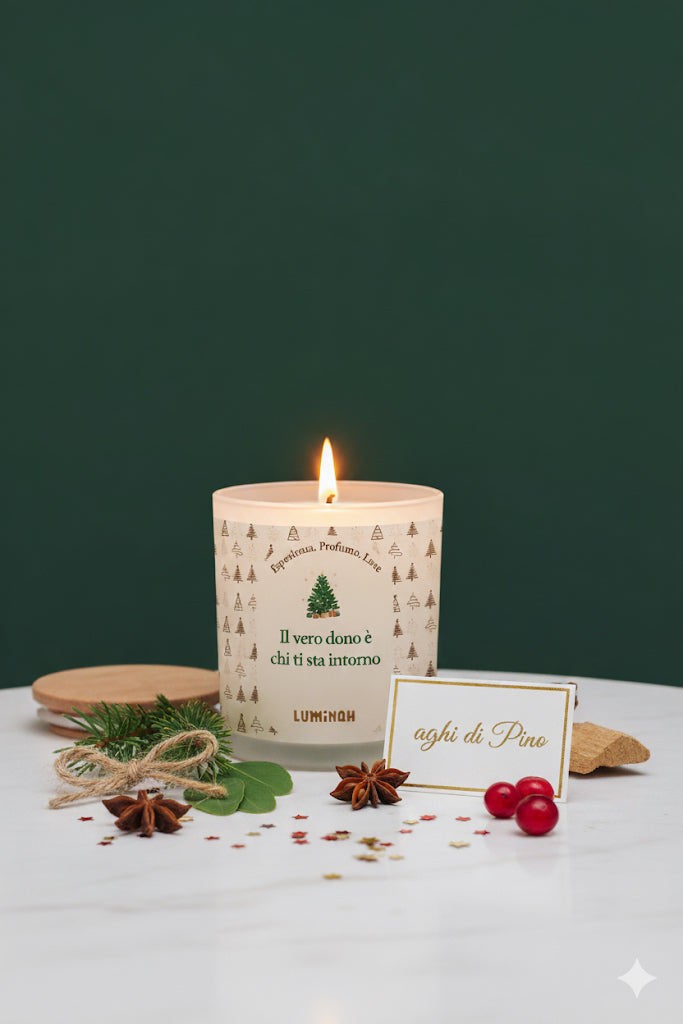 Candela artigianale Luminah alla fragranza Aghi di Pino accesa, con elementi naturali natalizi su sfondo verde.