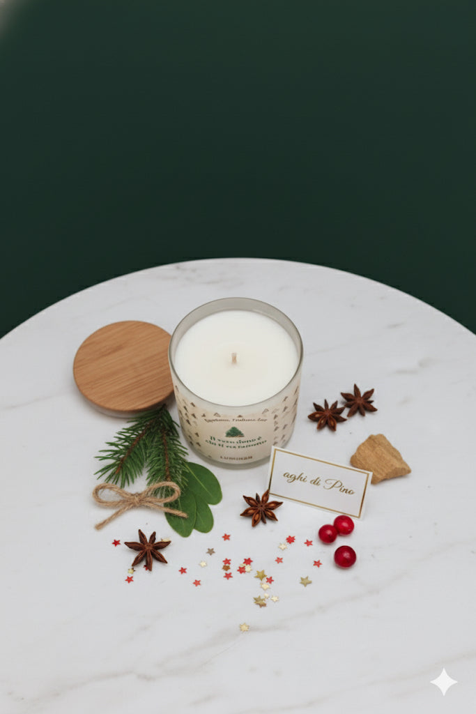 Candela artigianale Luminah alla fragranza Aghi di Pino su tavolo in marmo con decorazioni naturali.