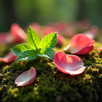 Petali di rosa e foglie di menta su muschio illuminato dal sole, ispirazione naturale per la fragranza della candela Luminah.