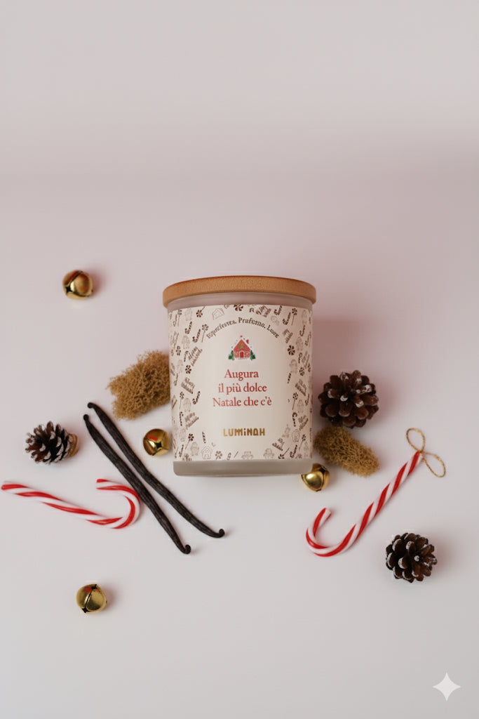 Candela Luminah Mocaccino di Natale con decorazioni natalizie e bastoncini di vaniglia.